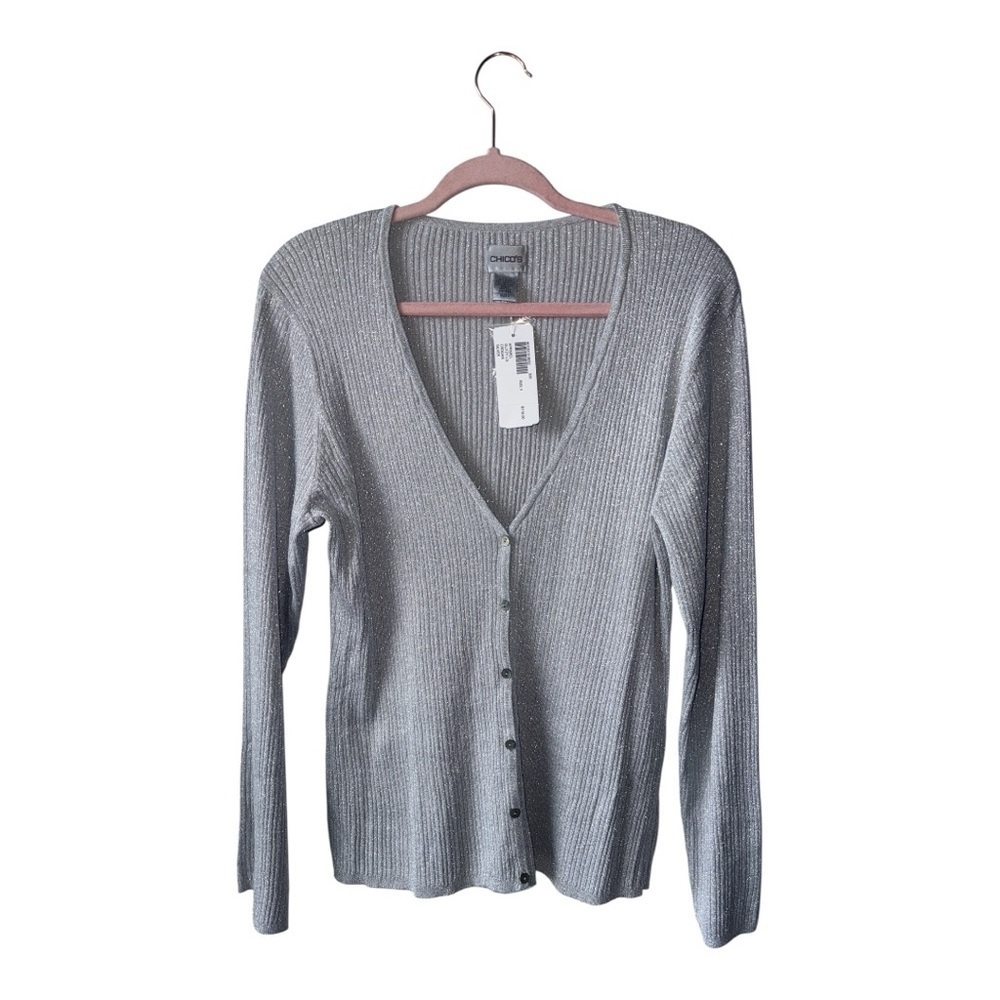 NWT Chico's Shimmery Glitzy Silver V-Neck Cardigan Size 3